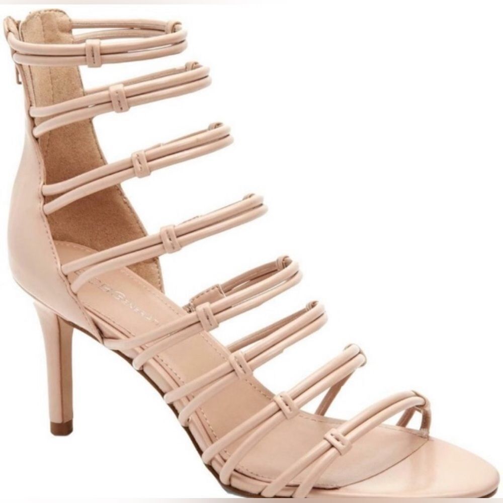 Like New BCBGeneration Maria Nude Beige Stiletto Zip-Up Strappy Heels- Size 10